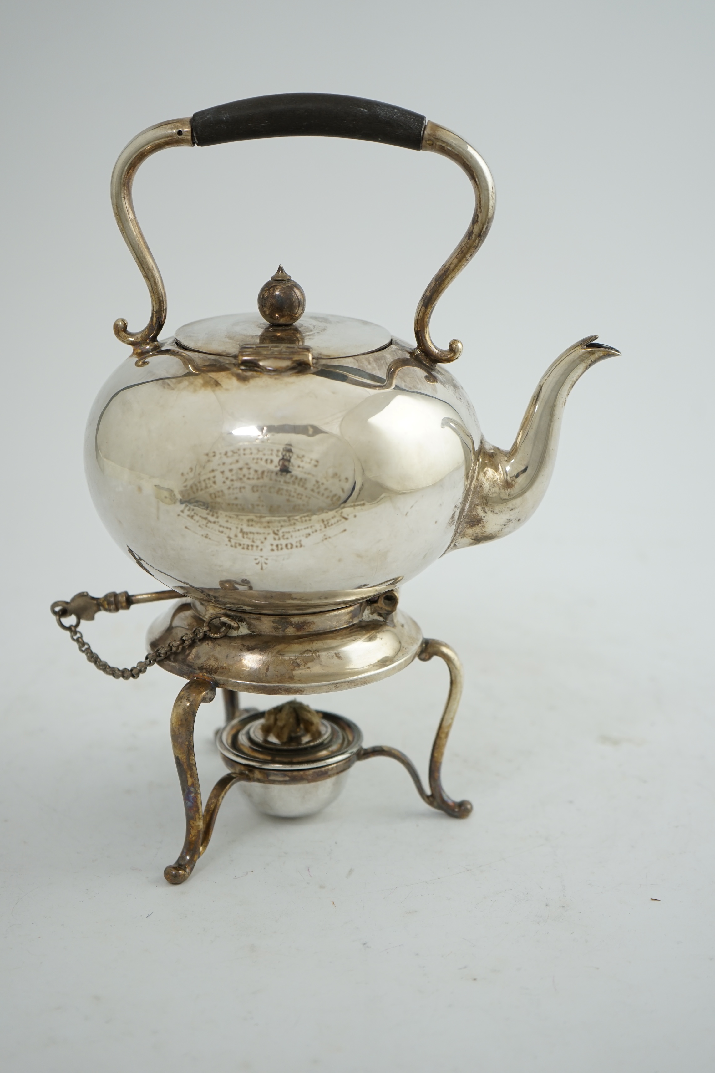 A late Victorian silver bachelor's tea kettle on stand with burner, by Martin, Hall & Co